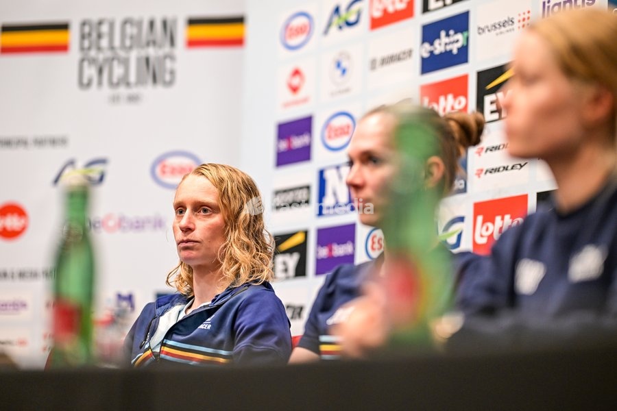 Belgian Sandrine Tas of Lotto‐Intermarche Ladies; Belgian Lotte Claes and Belgian Margot Vanpachtenbeke are pictured during a press conference ahead of the cycling European Championships, in Ljubljana, Slovenia, Friday 2 October 2026. The UEC road championships are taking place from 03 to 07 October