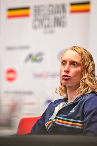 Belgian Lotte Claes is pictured during a press conference ahead of the cycling European Championships, in Ljubljana, Slovenia, Friday 2 October 2026. The UEC road championships are taking place from 03 to 07 October