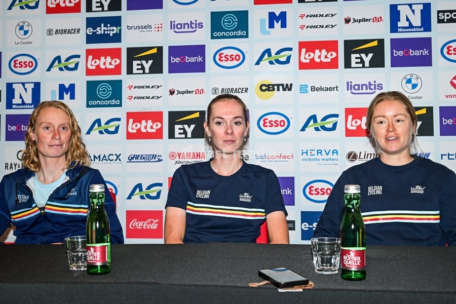 Belgian Sandrine Tas of Lotto‐Intermarche Ladies; Belgian Lotte Claes and Belgian Margot Vanpachtenbeke are pictured during a press conference ahead of the cycling European Championships, in Ljubljana, Slovenia, Friday 2 October 2026. The UEC road championships are taking place from 03 to 07 October