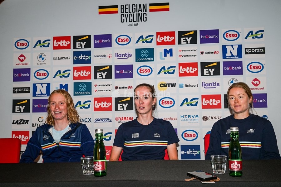 Belgian Sandrine Tas of Lotto‐Intermarche Ladies; Belgian Lotte Claes and Belgian Margot Vanpachtenbeke are pictured during a press conference ahead of the cycling European Championships, in Ljubljana, Slovenia, Friday 2 October 2026. The UEC road championships are taking place from 03 to 07 October