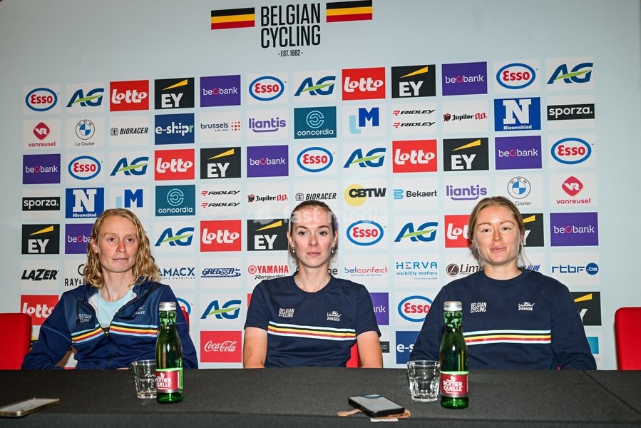 Belgian Sandrine Tas of Lotto‐Intermarche Ladies; Belgian Lotte Claes and Belgian Margot Vanpachtenbeke are pictured during a press conference ahead of the cycling European Championships, in Ljubljana, Slovenia, Friday 2 October 2026. The UEC road championships are taking place from 03 to 07 October