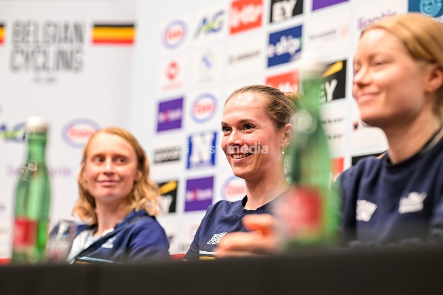 Belgian Sandrine Tas is pictured during a press conference ahead of the cycling European Championships, in Ljubljana, Slovenia, Friday 2 October 2026. The UEC road championships are taking place from 03 to 07 October
