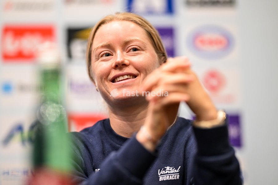 Belgian Margot Vanpachtenbeke is pictured during a press conference ahead of the cycling European Championships, in Ljubljana, Slovenia, Friday 2 October 2026. The UEC road championships are taking place from 03 to 07 October