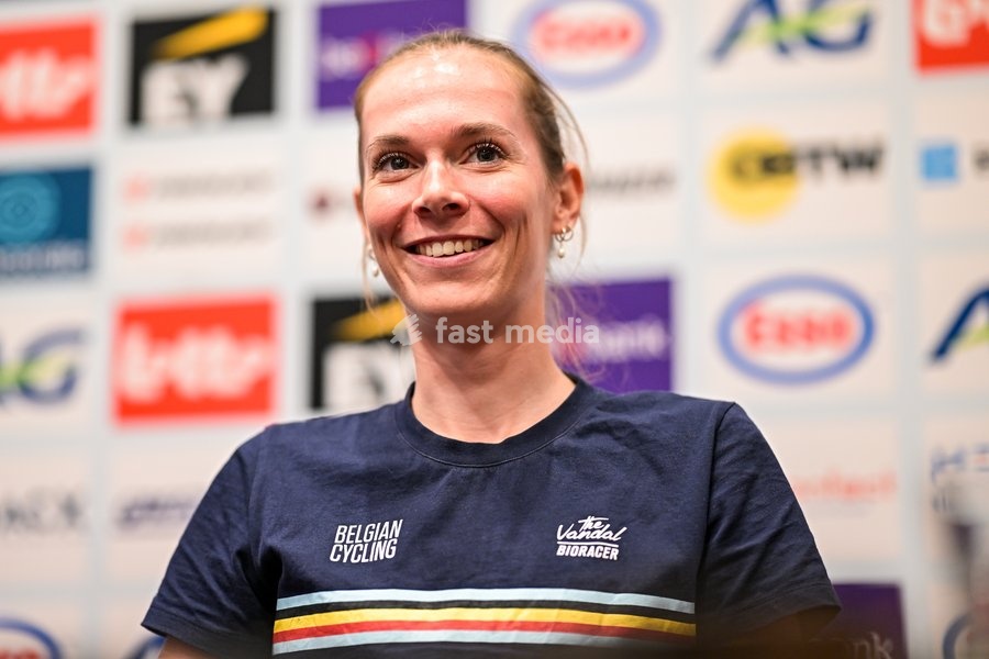 Belgian Sandrine Tas is pictured during a press conference ahead of the cycling European Championships, in Ljubljana, Slovenia, Friday 2 October 2026. The UEC road championships are taking place from 03 to 07 October