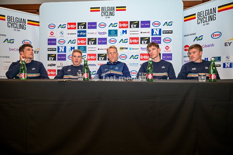 Belgian Ramses Debruyne; Belgian Ilan Van Wilder; Belgian Sander De Pestel; Belgian Louis Vervaeke and Belgian Jenno Berckmoes are pictured during a press conference ahead of the cycling European Championships, in Ljubljana, Slovenia, Friday 2 October 2026. The UEC road championships are taking…
