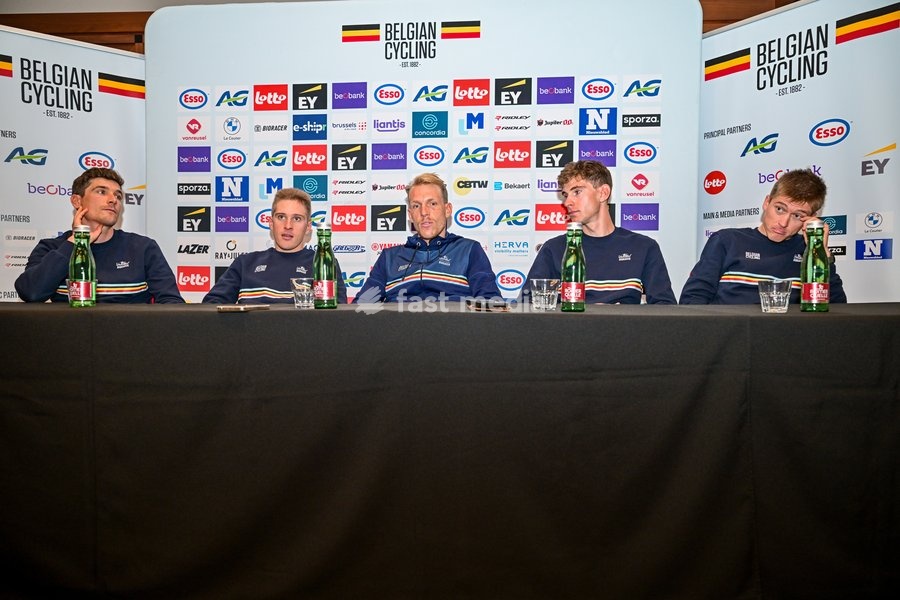 Belgian Ramses Debruyne; Belgian Ilan Van Wilder; Belgian Sander De Pestel; Belgian Louis Vervaeke and Belgian Jenno Berckmoes are pictured during a press conference ahead of the cycling European Championships, in Ljubljana, Slovenia, Friday 2 October 2026. The UEC road championships are taking…