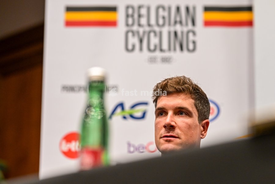 Belgian Louis Vervaeke is pictured during a press conference ahead of the cycling European Championships, in Ljubljana, Slovenia, Friday 2 October 2026. The UEC road championships are taking place from 03 to 07 October