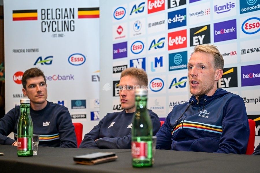 Belgian Louis Vervaeke; Belgian Ilan Van Wilder and Belgian Sander De Pestel of Decathlon CMA CGM Team are pictured during a press conference ahead of the cycling European Championships, in Ljubljana, Slovenia, Friday 2 October 2026. The UEC road championships are taking place from 03 to 07 October