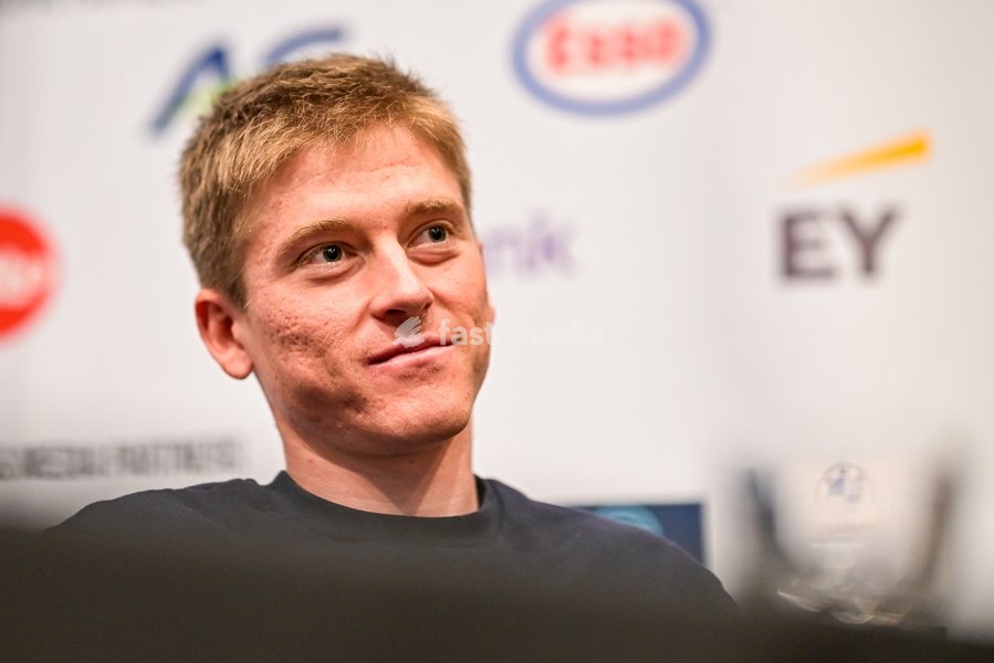 Belgian Ilan Van Wilder is pictured during a press conference ahead of the cycling European Championships, in Ljubljana, Slovenia, Friday 2 October 2026. The UEC road championships are taking place from 03 to 07 October