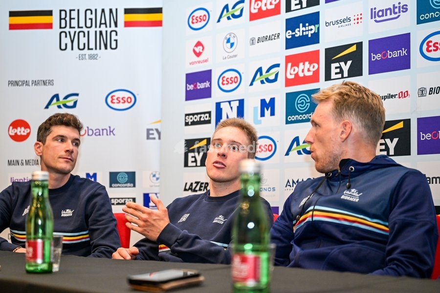 Belgian Louis Vervaeke; Belgian Ilan Van Wilder and Belgian Sander De Pestel are pictured during a press conference ahead of the cycling European Championships, in Ljubljana, Slovenia, Friday 2 October 2026. The UEC road championships are taking place from 03 to 07 October