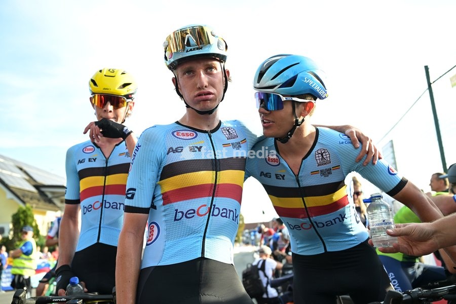 Belgian Niels Driesen and Belgian Jasper Schoofs are pictured after the Men U23 Road Race race (141,8km) at the cycling UEC Road European Championships, in Ljubljana, Slovenia Friday 2 October 2026. The UEC Road European Championships are taking place from 02 to 07 October in Ljubljana, Slovenia