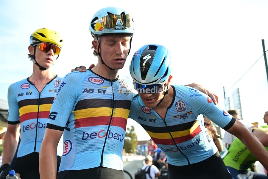 Belgian Niels Driesen and Belgian Jasper Schoofs are pictured after the Men U23 Road Race race (141,8km) at the cycling UEC Road European Championships, in Ljubljana, Slovenia Friday 2 October 2026. The UEC Road European Championships are taking place from 02 to 07 October in Ljubljana, Slovenia