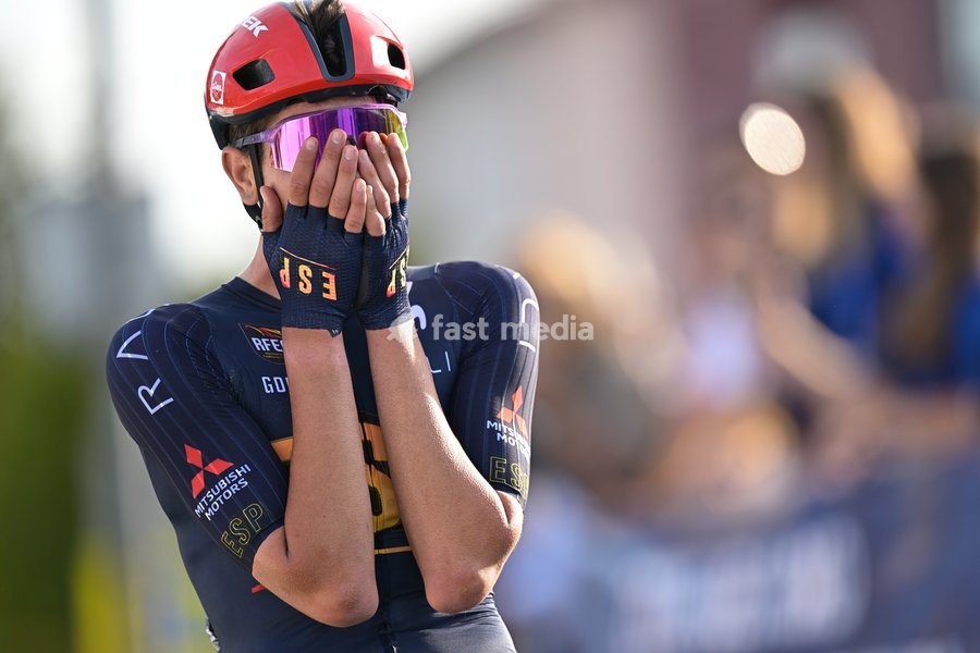 Spanish Hector Alvarez Martinez of Lidl-Trek pictured as he crosses the finish line of the Men U23 Road Race race (141,8km) at the cycling UEC Road European Championships, in Ljubljana, Slovenia Friday 2 October 2026. The UEC Road European Championships are taking place from 02 to 07 October in…