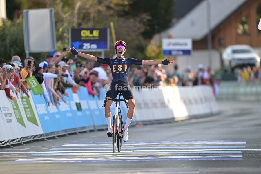 Spanish Hector Alvarez Martinez of Lidl-Trek pictured as he crosses the finish line of the Men U23 Road Race race (141,8km) at the cycling UEC Road European Championships, in Ljubljana, Slovenia Friday 2 October 2026. The UEC Road European Championships are taking place from 02 to 07 October in…