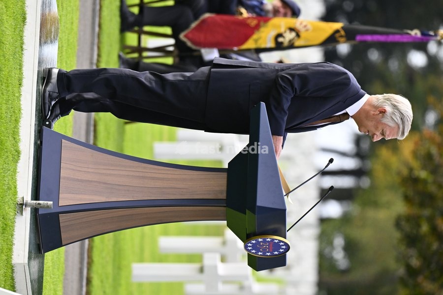 King Philippe - Filip of Belgium pictured giving a speech during a royal visit to the World War II Commemoration at the American Military Cemetery in Henri-Chapelle, Plombieres, on Friday 2 October 2026. The ceremony pays tribute to the American veterans in attendance and to their fallen…