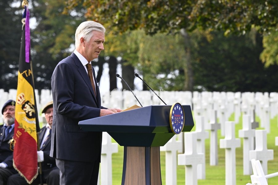 King Philippe - Filip of Belgium pictured giving a speech during a royal visit to the World War II Commemoration at the American Military Cemetery in Henri-Chapelle, Plombieres, on Friday 2 October 2026. The ceremony pays tribute to the American veterans in attendance and to their fallen…
