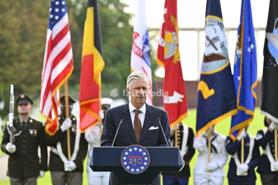 King Philippe - Filip of Belgium pictured giving a speech during a royal visit to the World War II Commemoration at the American Military Cemetery in Henri-Chapelle, Plombieres, on Friday 2 October 2026. The ceremony pays tribute to the American veterans in attendance and to their fallen…