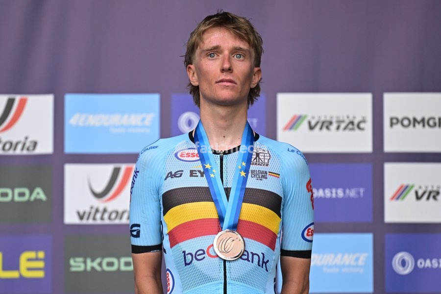 Belgian Niels Driesen pictured on the podium after finishing third of the Men U23 Road Race race (141,8km) at the cycling UEC Road European Championships, in Ljubljana, Slovenia Friday 2 October 2026. The UEC Road European Championships are taking place from 02 to 07 October in Ljubljana, Slovenia