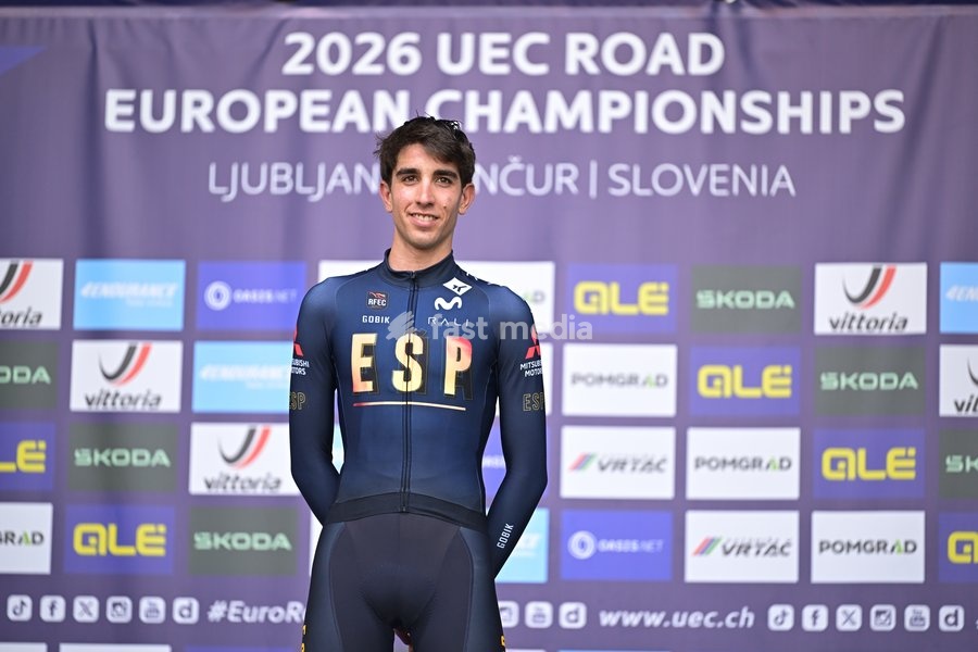 Spanish Hector Alvarez Martinez of Lidl-Trek pictured on the podium after winning the Men U23 Road Race race (141,8km) at the cycling UEC Road European Championships, in Ljubljana, Slovenia Friday 2 October 2026. The UEC Road European Championships are taking place from 02 to 07 October in…
