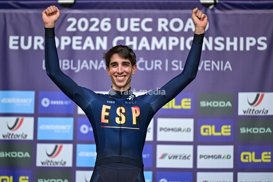 Spanish Hector Alvarez Martinez, winner of the gold medal celebrates on the podium of the Men U23 Road Race race (141,8km) at the cycling UEC Road European Championships, in Ljubljana, Slovenia Friday 2 October 2026. The UEC Road European Championships are taking place from 02 to 07 October in…