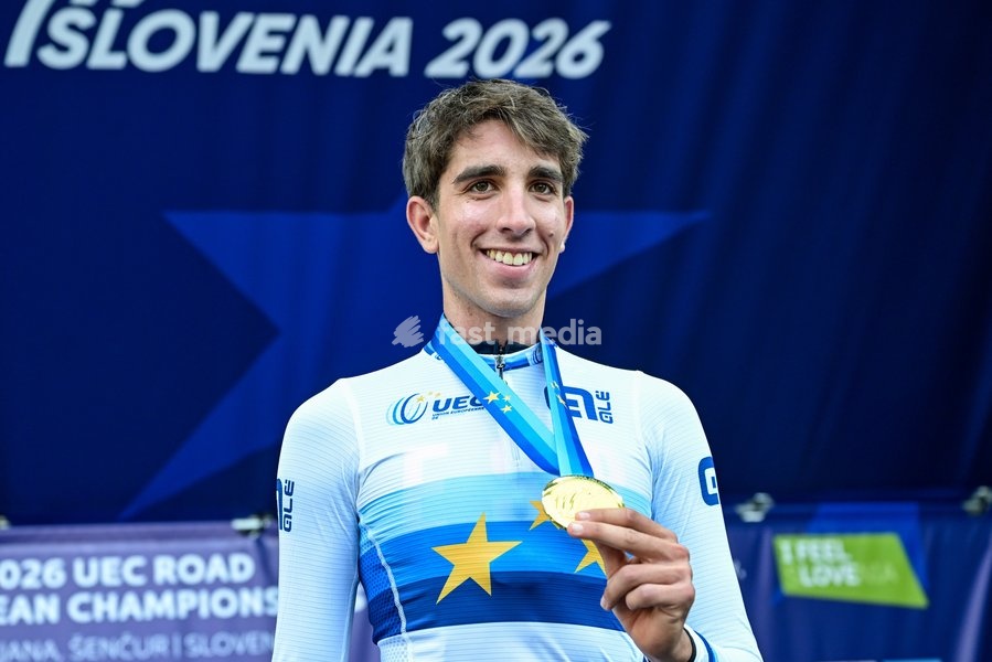 Spanish Hector Alvarez Martinez, winner of the gold medal celebrates on the podium of the Men U23 Road Race race (141,8km) at the cycling UEC Road European Championships, in Ljubljana, Slovenia Friday 2 October 2026. The UEC Road European Championships are taking place from 02 to 07 October in…