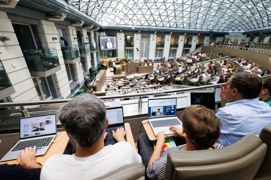 Journalist at work at the Flemish Parliament to illustrate the press at work in Belgium, Friday 2 October 2026