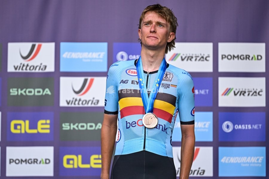 Belgian Niels Driesen , winner of the bronze medal pictured on the podium of the Men U23 Road Race race (141,8km) at the cycling UEC Road European Championships, in Ljubljana, Slovenia Friday 2 October 2026. The UEC Road European Championships are taking place from 02 to 07 October in Ljubljana,…