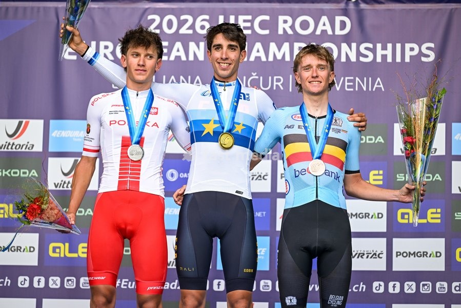 Polish Jan Jackowiak, Spanish Hector Alvarez Martinez of Lidl-Trek and Belgian Niels Driesen pictured on the podium after the Men U23 Road Race race (141,8km) at the cycling UEC Road European Championships, in Ljubljana, Slovenia Friday 2 October 2026. The UEC Road European Championships are taking…