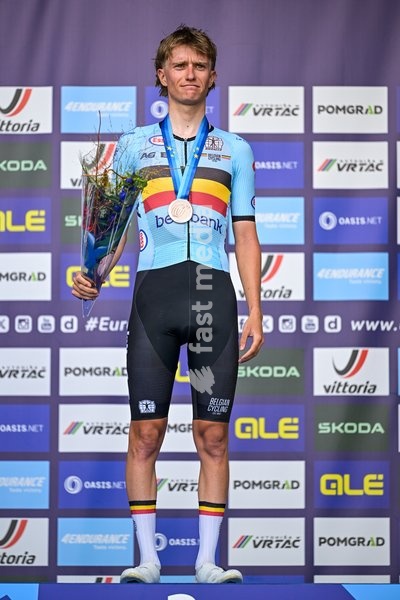 Belgian Niels Driesen , winner of the bronze medal pictured on the podium of the Men U23 Road Race race (141,8km) at the cycling UEC Road European Championships, in Ljubljana, Slovenia Friday 2 October 2026. The UEC Road European Championships are taking place from 02 to 07 October in Ljubljana,…