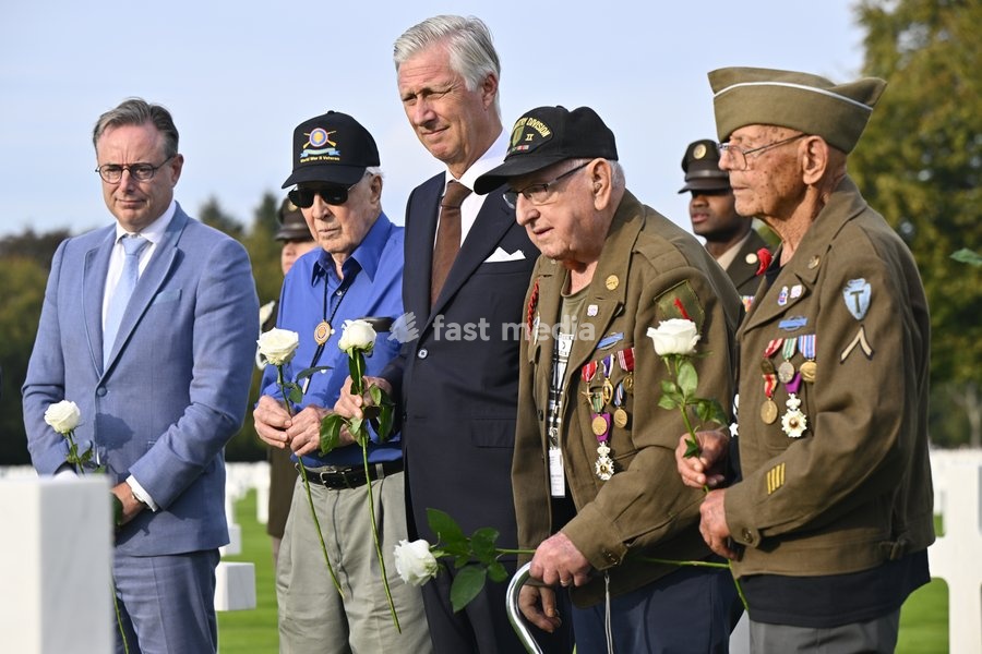 Prime Minister Bart De Wever and King Philippe - Filip of Belgium are pictured with war veterans during a royal visit to the World War II Commemoration at the American Military Cemetery in Henri-Chapelle, Plombieres, on Friday 2 October 2026. The ceremony pays tribute to the American veterans in…