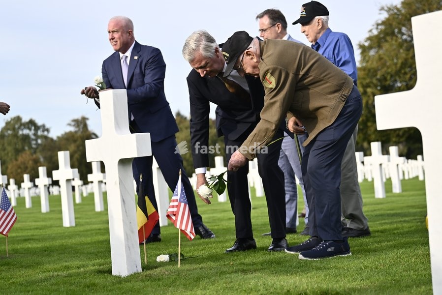 US ambassador to Belgium Bill White; King Philippe - Filip of Belgium and Prime Minister Bart De Wever are pictured with war veterans during a royal visit to the World War II Commemoration at the American Military Cemetery in Henri-Chapelle, Plombieres, on Friday 2 October 2026. The ceremony pays…