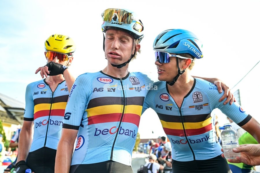 Belgian Niels Driesen and Belgian Viktor Soenens are pictured after the Men U23 Road Race race (141,8km) at the cycling UEC Road European Championships, in Ljubljana, Slovenia Friday 2 October 2026. The UEC Road European Championships are taking place from 02 to 07 October in Ljubljana, Slovenia
