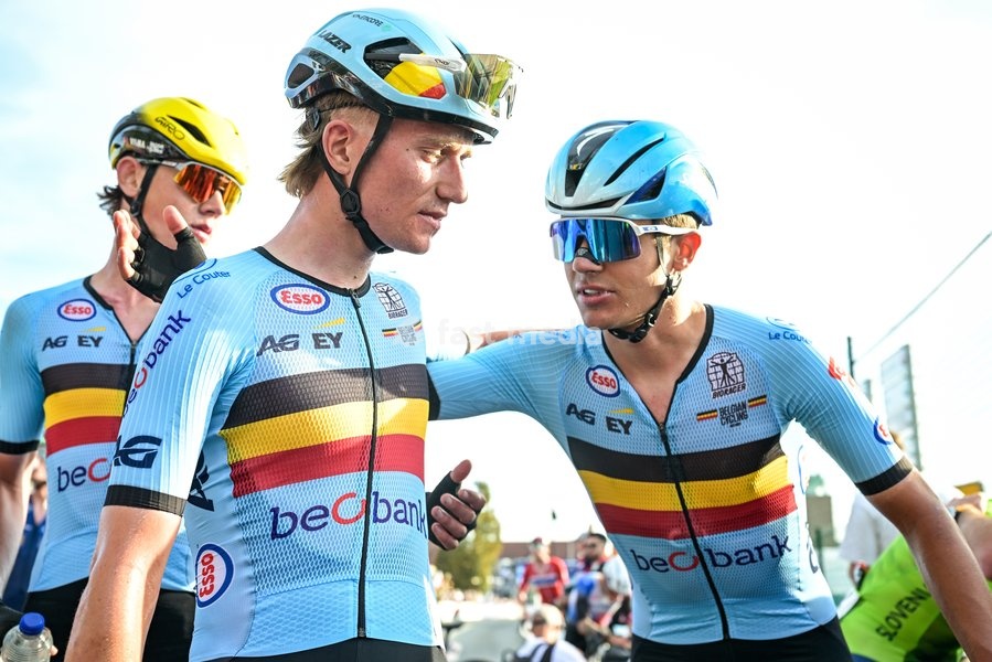Belgian Niels Driesen and Belgian Viktor Soenens are pictured after the Men U23 Road Race race (141,8km) at the cycling UEC Road European Championships, in Ljubljana, Slovenia Friday 2 October 2026. The UEC Road European Championships are taking place from 02 to 07 October in Ljubljana, Slovenia