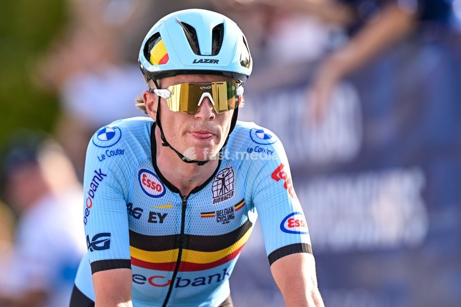 Belgian Niels Driesen crosses the finish line of the Men U23 Road Race race (141,8km) at the cycling UEC Road European Championships, in Ljubljana, Slovenia Friday 2 October 2026. The UEC Road European Championships are taking place from 02 to 07 October in Ljubljana, Slovenia