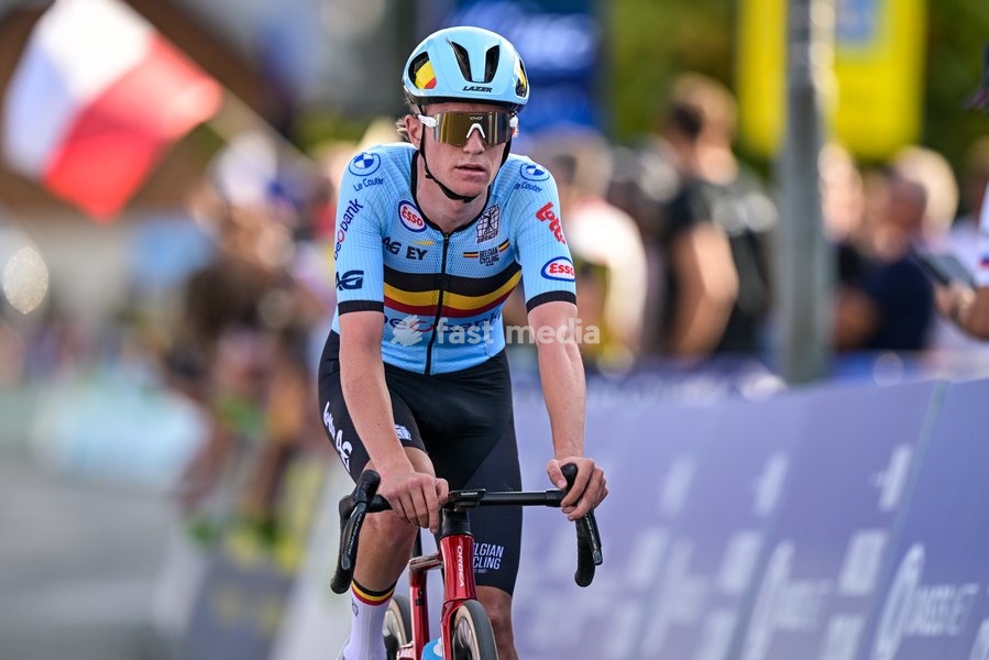 Belgian Niels Driesen crosses the finish line of the Men U23 Road Race race (141,8km) at the cycling UEC Road European Championships, in Ljubljana, Slovenia Friday 2 October 2026. The UEC Road European Championships are taking place from 02 to 07 October in Ljubljana, Slovenia