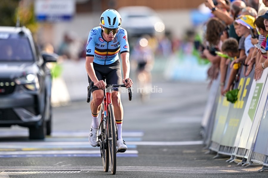 Belgian Niels Driesen crosses the finish line of the Men U23 Road Race race (141,8km) at the cycling UEC Road European Championships, in Ljubljana, Slovenia Friday 2 October 2026. The UEC Road European Championships are taking place from 02 to 07 October in Ljubljana, Slovenia