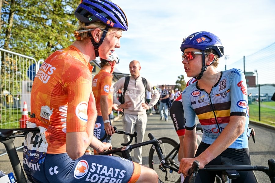 Dutch Jurgen Zomermaand; Belgian Matteo Vanhuffel are pictured after the Men U23 Road Race race (141,8km) at the cycling UEC Road European Championships, in Ljubljana, Slovenia Friday 2 October 2026. The UEC Road European Championships are taking place from 02 to 07 October in Ljubljana, Slovenia