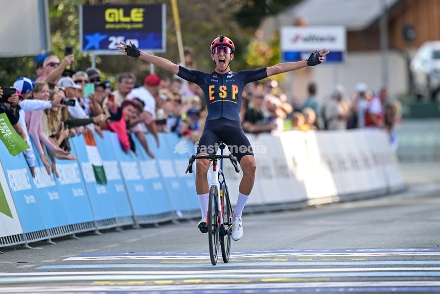 Spanish Hector Alvarez Martinez celebrates as he crosses the finish line to win the Men U23 Road Race race (141,8km) at the cycling UEC Road European Championships, in Ljubljana, Slovenia Friday 2 October 2026. The UEC Road European Championships are taking place from 02 to 07 October in Ljubljana,…