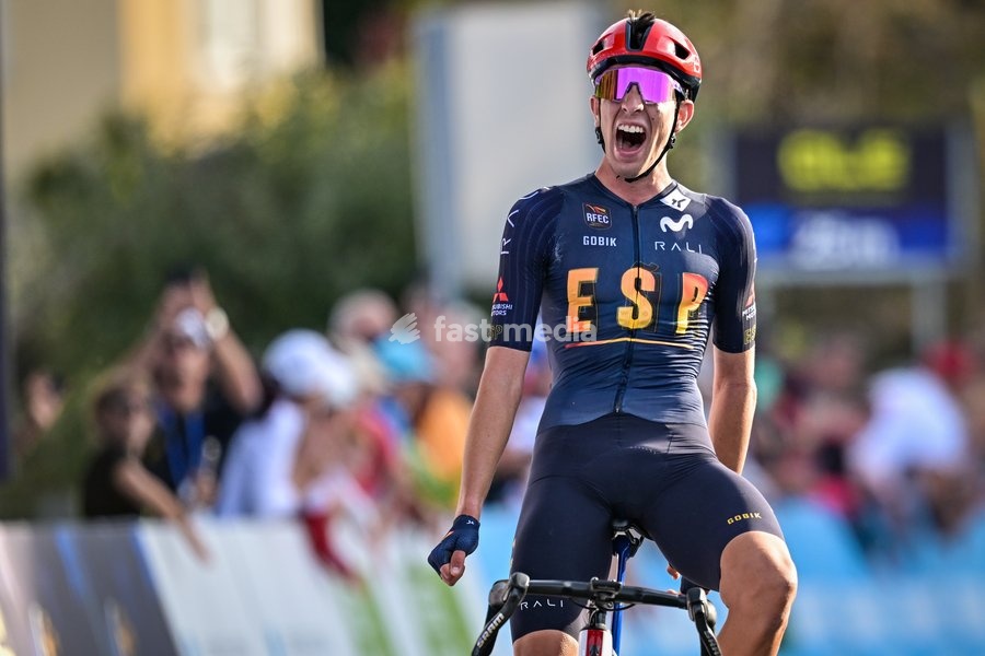 Spanish Hector Alvarez Martinez celebrates as he crosses the finish line to win the Men U23 Road Race race (141,8km) at the cycling UEC Road European Championships, in Ljubljana, Slovenia Friday 2 October 2026. The UEC Road European Championships are taking place from 02 to 07 October in Ljubljana,…