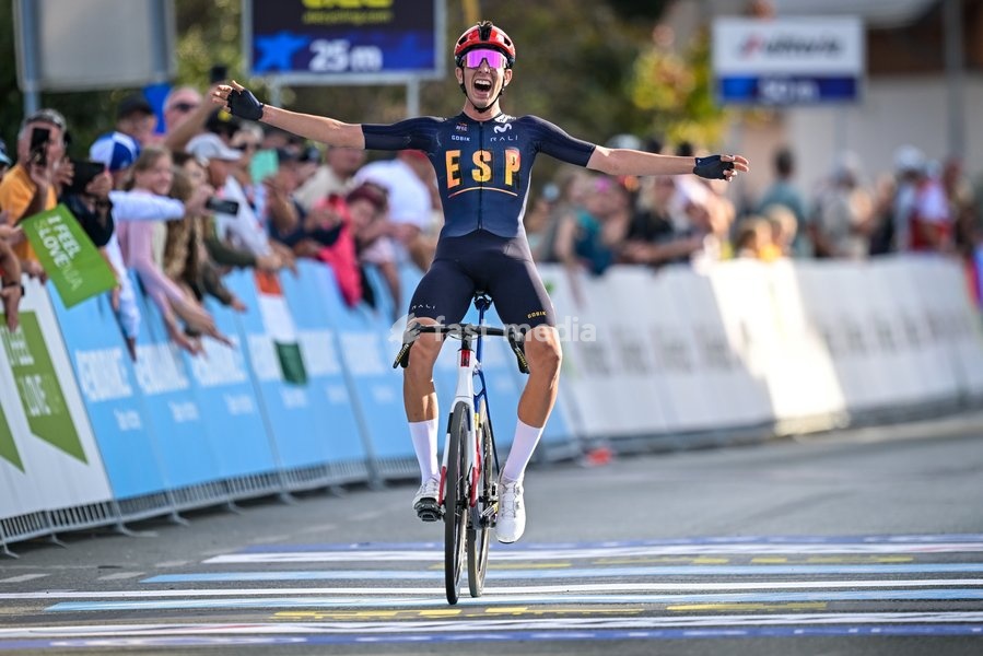 Spanish Hector Alvarez Martinez celebrates as he crosses the finish line to win the Men U23 Road Race race (141,8km) at the cycling UEC Road European Championships, in Ljubljana, Slovenia Friday 2 October 2026. The UEC Road European Championships are taking place from 02 to 07 October in Ljubljana,…