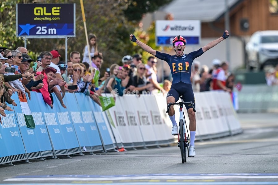 Spanish Hector Alvarez Martinez celebrates as he crosses the finish line to win the Men U23 Road Race race (141,8km) at the cycling UEC Road European Championships, in Ljubljana, Slovenia Friday 2 October 2026. The UEC Road European Championships are taking place from 02 to 07 October in Ljubljana,…