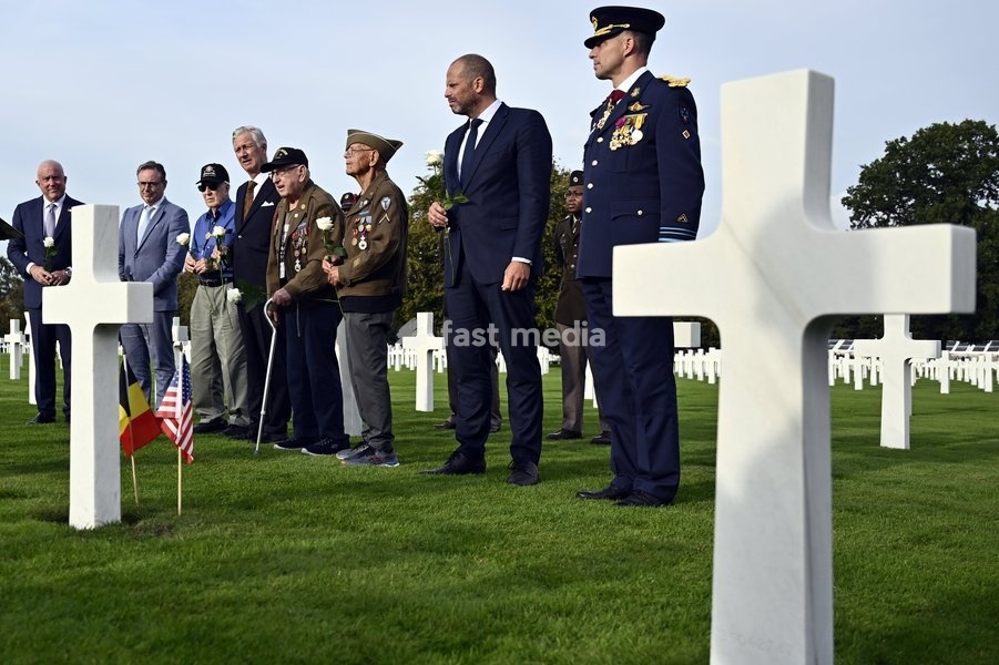 US ambassador to Belgium Bill White; Prime Minister Bart De Wever; King Philippe - Filip of Belgium and Minister of Defence and Foreign Trade Theo Francken pictured during a royal visit to the World War II Commemoration at the American Military Cemetery in Henri-Chapelle, Plombieres, on Friday 2…