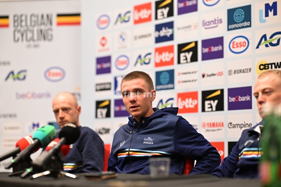 Belgian Rune Herregodts; Belgian Remco Evenepoel and Belgian Maxim Van Gils are pictured during a press conference ahead of the cycling European Championships, in Ljubljana, Slovenia, Friday 2 October 2026. The UEC road championships are taking place from 03 to 07 October