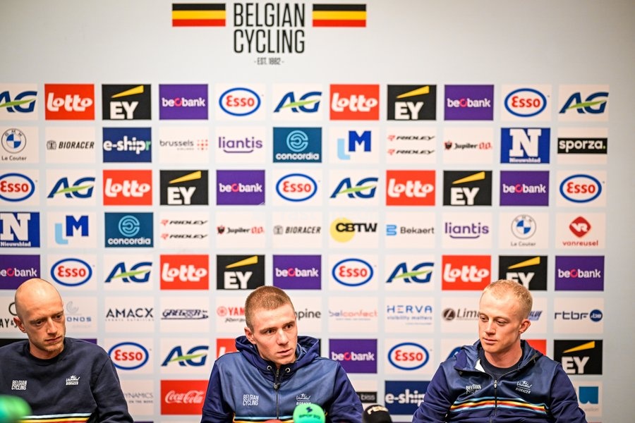 Belgian Rune Herregodts; Belgian Remco Evenepoel and Belgian Maxim Van Gils are pictured during a press conference ahead of the cycling European Championships, in Ljubljana, Slovenia, Friday 2 October 2026. The UEC road championships are taking place from 03 to 07 October