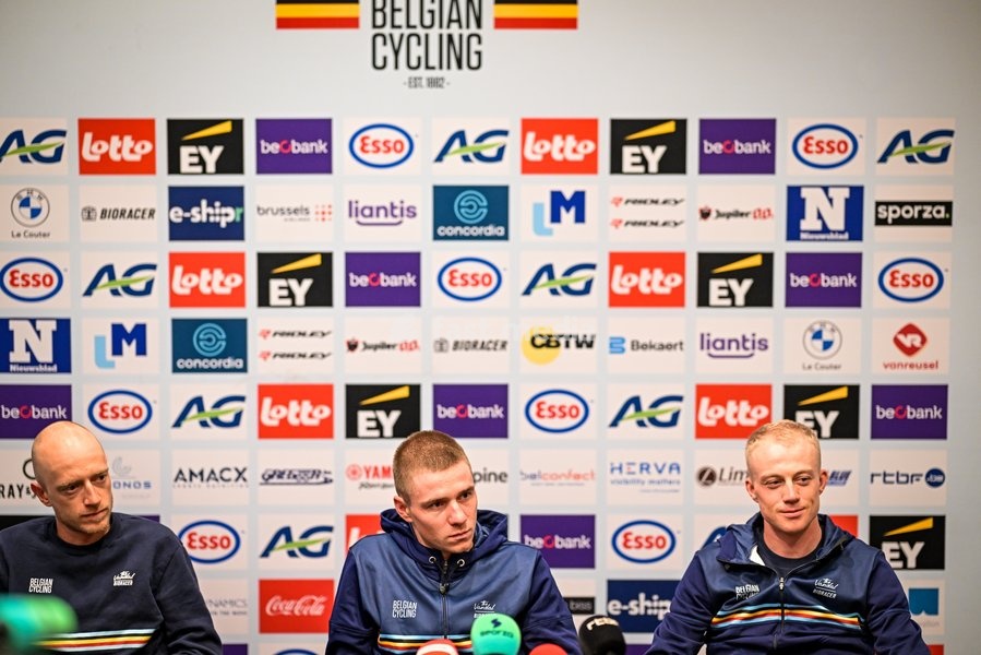 Belgian Rune Herregodts; Belgian Remco Evenepoel and Belgian Maxim Van Gils are pictured during a press conference ahead of the cycling European Championships, in Ljubljana, Slovenia, Friday 2 October 2026. The UEC road championships are taking place from 03 to 07 October