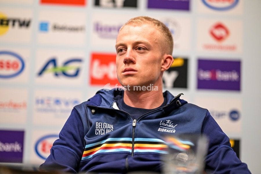 Belgian Maxim Van Gils is pictured during a press conference ahead of the cycling European Championships, in Ljubljana, Slovenia, Friday 2 October 2026. The UEC road championships are taking place from 03 to 07 October