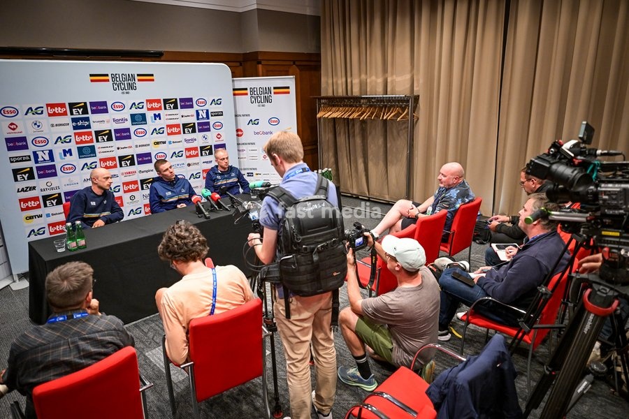 Belgian Rune Herregodts; Belgian Remco Evenepoel and Belgian Maxim Van Gils are pictured during a press conference ahead of the cycling European Championships, in Ljubljana, Slovenia, Friday 2 October 2026. The UEC road championships are taking place from 03 to 07 October