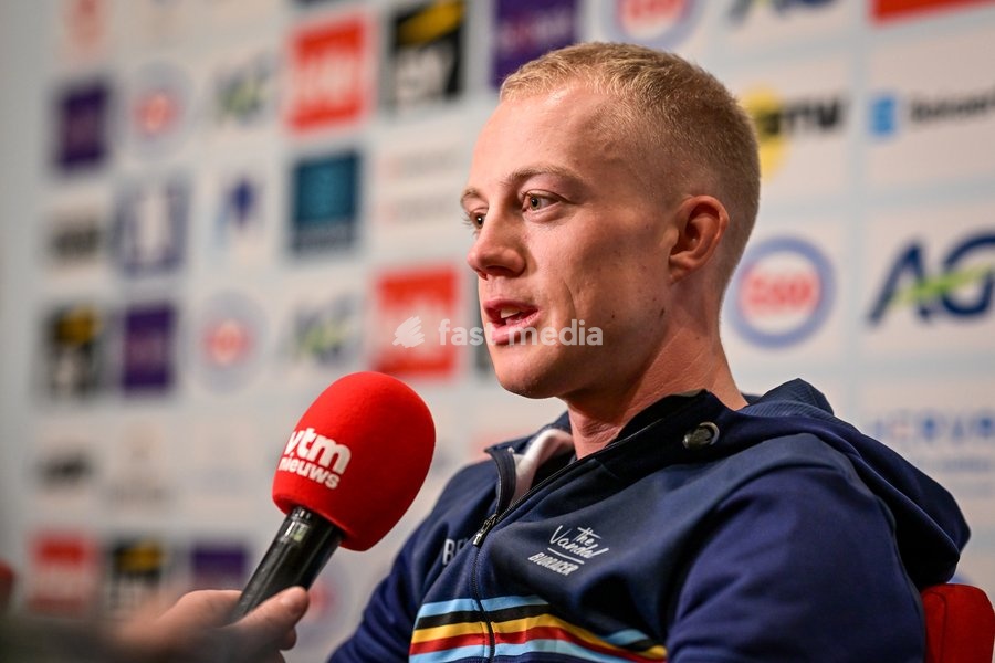 Belgian Maxim Van Gils is pictured during a press conference ahead of the cycling European Championships, in Ljubljana, Slovenia, Friday 2 October 2026. The UEC road championships are taking place from 03 to 07 October