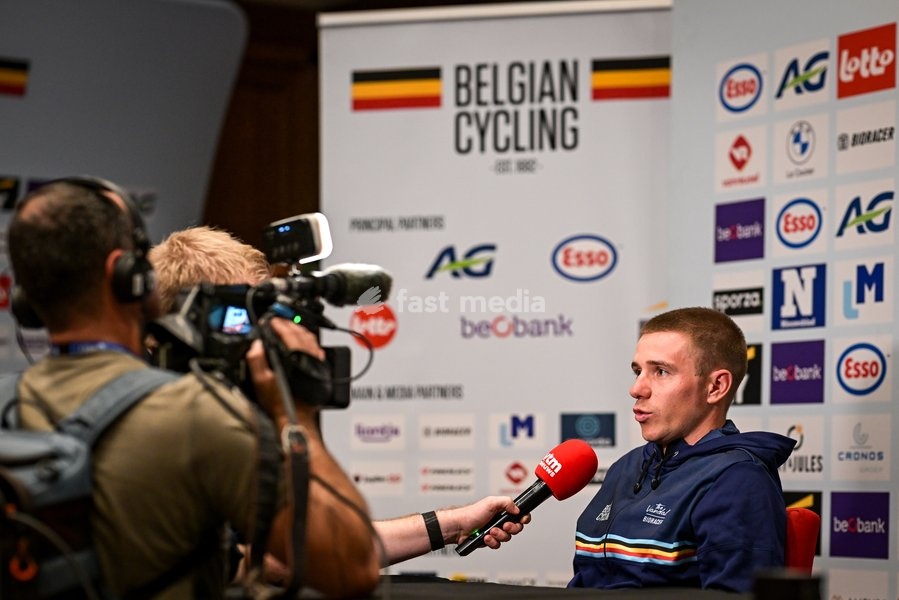 Belgian Remco Evenepoel is pictured during a press conference ahead of the cycling European Championships, in Ljubljana, Slovenia, Friday 2 October 2026. The UEC road championships are taking place from 03 to 07 October