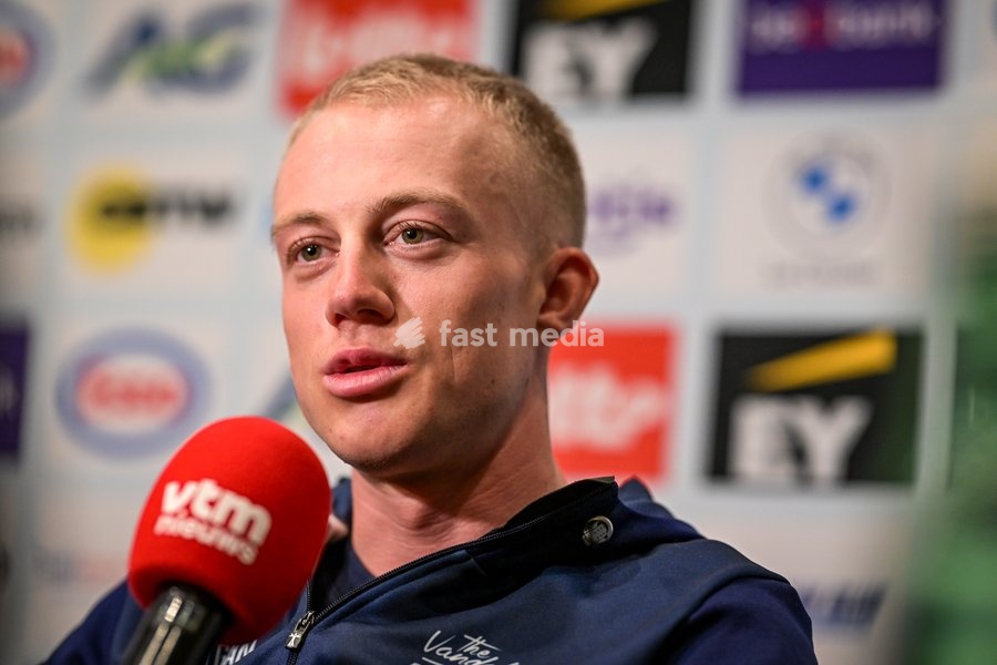 Belgian Maxim Van Gils is pictured during a press conference ahead of the cycling European Championships, in Ljubljana, Slovenia, Friday 2 October 2026. The UEC road championships are taking place from 03 to 07 October